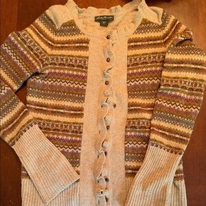 Eddie Bauer Women's Beige Fair Isle Button Cardigan Sweater